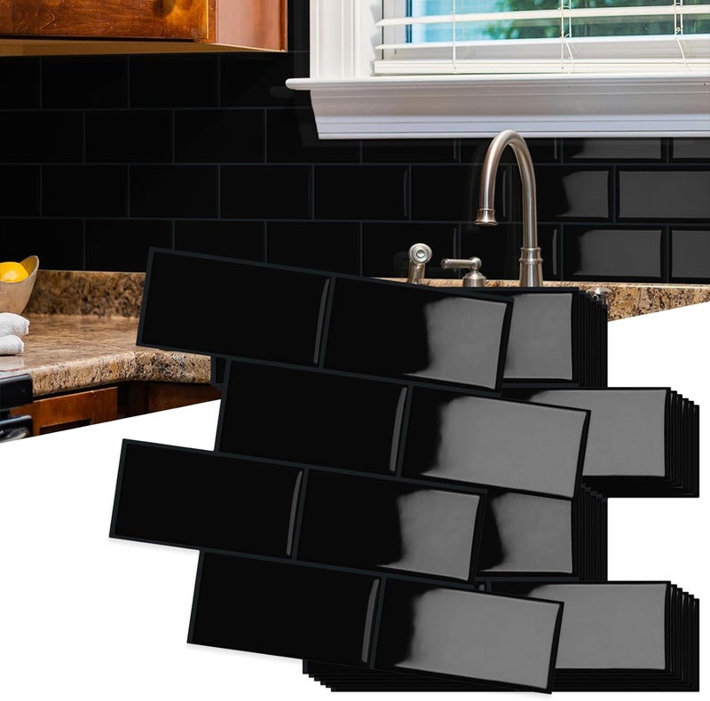 MOONFUN 10-Sheet Thick Peel and Stick Kitchen Backsplash Tiles, 3D Subway Waterproof Self-Adhesive Wall Tile Stick on Backsplash for Kitchen and Bathroom(Black,12.6"×10.6") - Image 1
